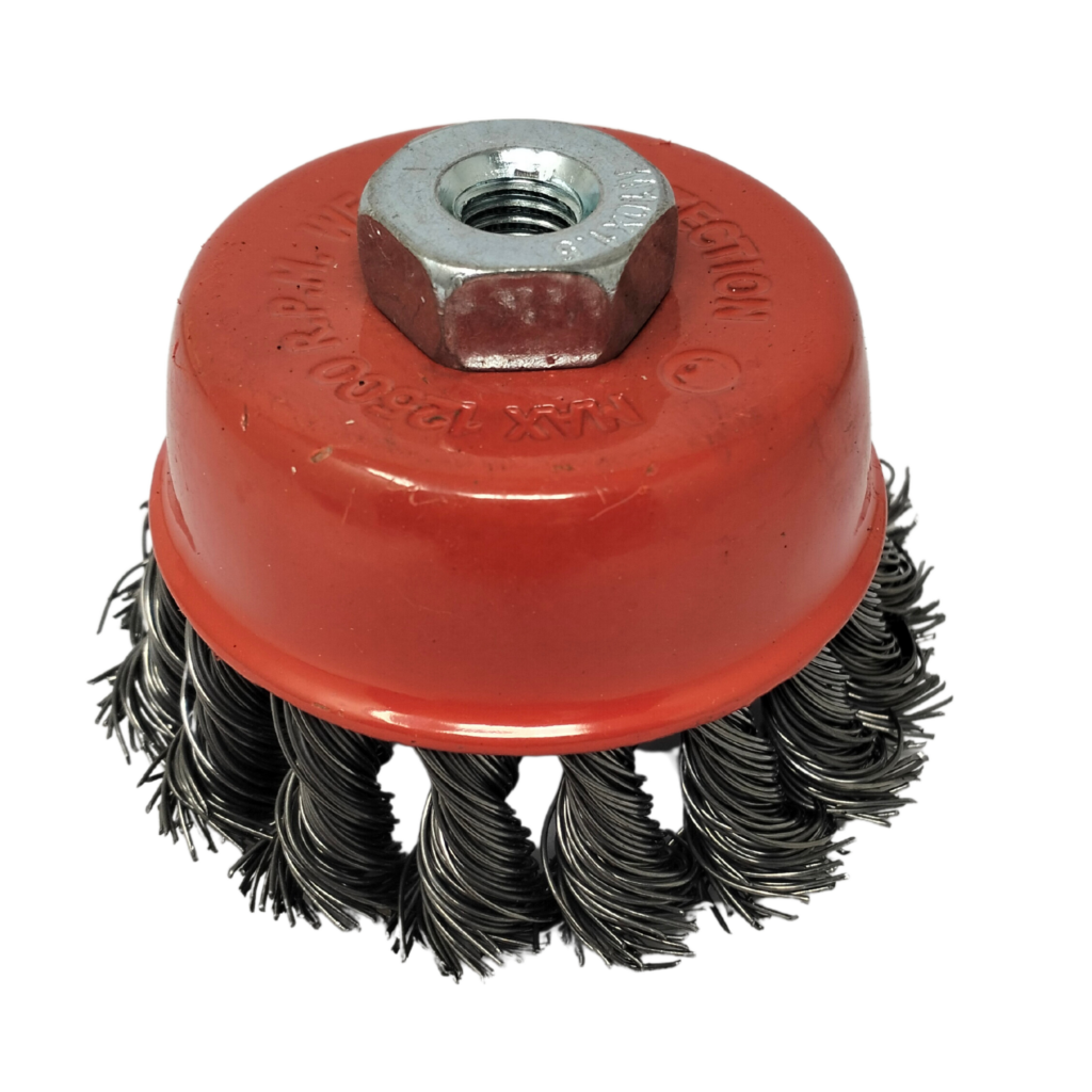 Twisted Cup Brush for removing rust, paint as well as polishing.